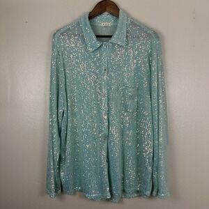 Pol Woman's Large Light Teal Sparkly Sequins Blouse Party Vegas Festival